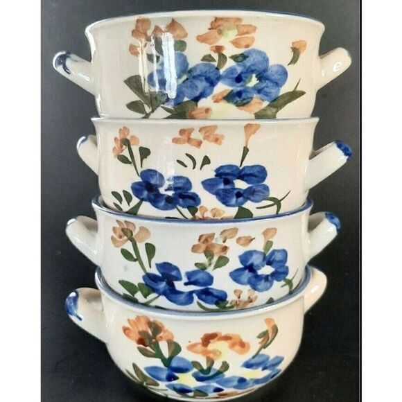 Stoneware Soup Bowls Chi Jiang China Hand Painted Floral Flowers Set of FOUR (4) - Picture 1 of 7